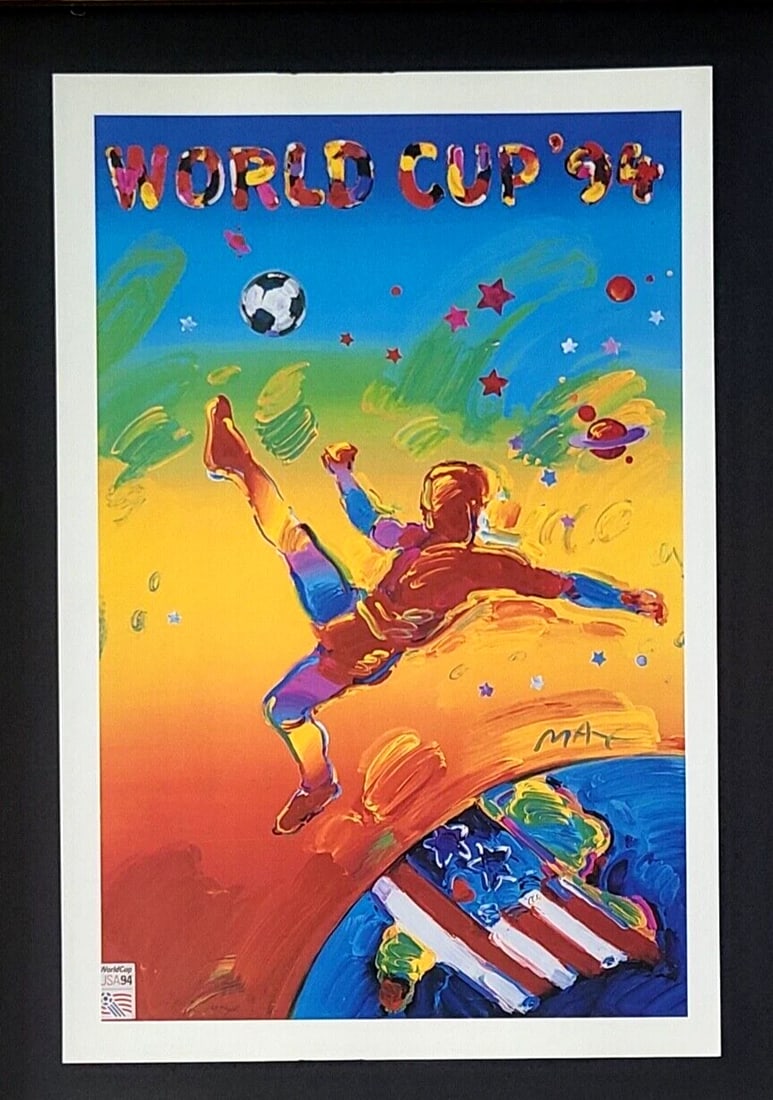 PETER MAX + SOCCER WORLD CUP 1994 + 1990'S SIGNED PRINT + NEW GOLDEN FRAME - 2
