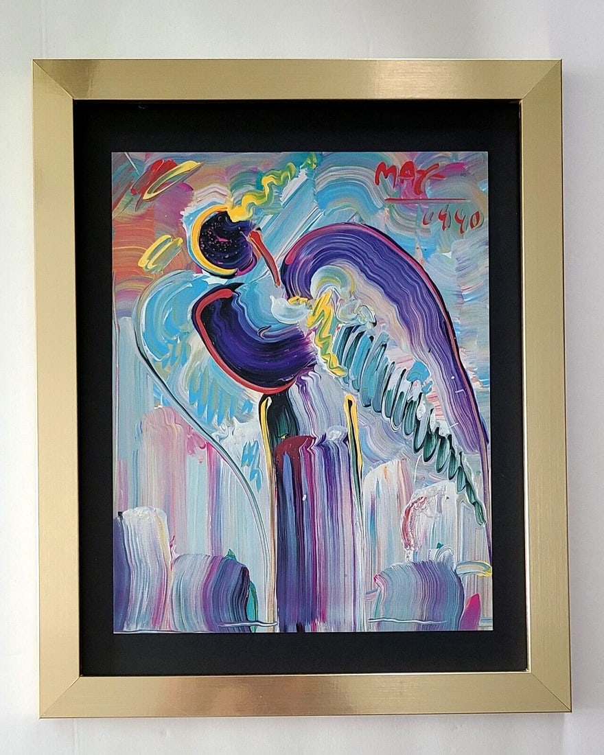 PETER MAX + ANGEL+ 1990'S SIGNED PRINT + NEW GOLDEN FRAME: We have for Sale this Print After PETER MAX AWESOME VINTAGE PRINT ON GLOSSY PAPER SIGNED ON THE PLATE FULL OF COLOR PRINT SIZE OF THE PRINT IS ABOUT : 10 X 8 in FRAME COVERS AN AREA OF 15 X 12 in