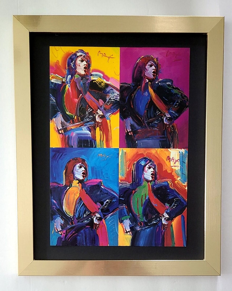 PETER MAX + MICK JAGGER + 1999 SIGNED PRINT + NEW GOLDEN FRAME: We have for Sale this Print After PETER MAX AWESOME VINTAGE PRINT ON GLOSSY PAPER SIGNED ON THE PLATE FULL OF COLOR PRINT SIZE OF THE PRINT IS ABOUT : 10 X 8 in FRAME COVERS AN AREA OF 15 X 12 in