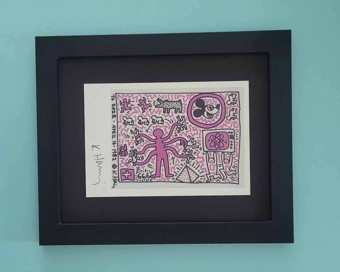 KEITH HARING + SIGNED VINTAGE 1989 PRINT FRAMED: This is a Beautiful and Scarce Vintage 1989 Print after Keith Haring FACSIMILE SIGNED Print is mounted in an acid free 8x10in blackboard Mounted and Framed covering an area of 10x12 in. Printed in Pap