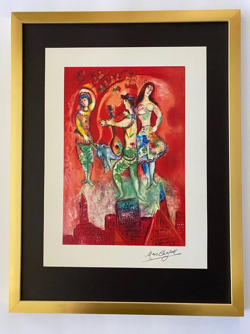 MARC CHAGALL + 1971 BEAUTIFUL SIGNED PRINT FROM FRANCE + BALLET + FRAMED: This is a Beautiful 1971 Lithographic Print After MARC CHAGALL from the Series " Chagall at the Met" FACSIMILE SIGNED IN INK Size is about 12 X 9 in. Printed in Paper by the Iconic Imprimerie Mourlot 