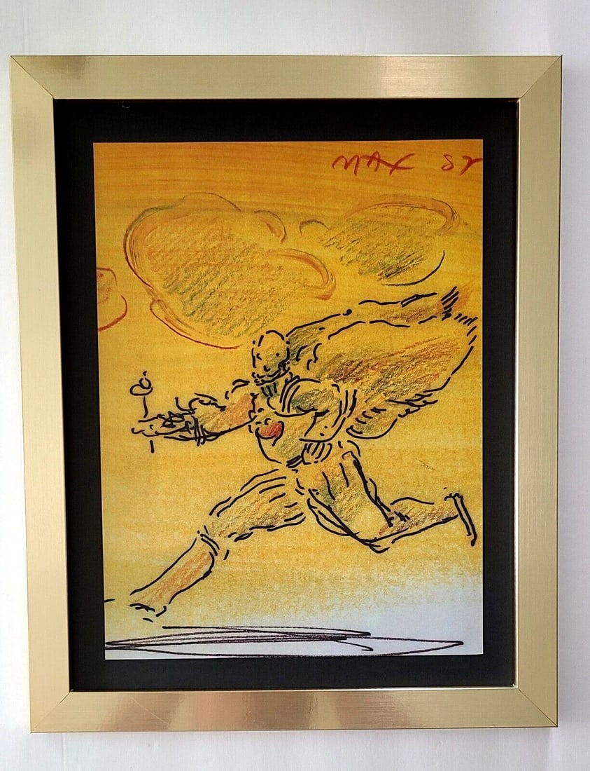 PETER MAX + AWESOME + 1980'S SIGNED PRINT w NEW GOLDEN FRAME: We have for Sale this Print After PETER MAX AWESOME VINTAGE PRINT ON GLOSSY PAPER SIGNED ON THE PLATE FULL OF COLOR PRINT SIZE OF THE PRINT IS ABOUT : 10 X 8 in FRAME COVERS AN AREA OF 15 X 12 in