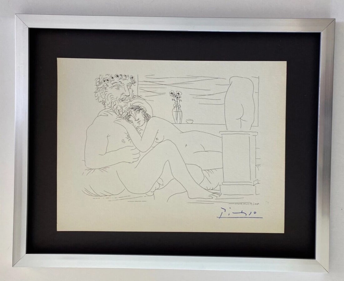 PABLO PICASSO +1955 SIGNED SUPERB ARTISTIC FIGURES PRINT FRAMED: This is a Beautiful and Scarce Original 1955 Print by PABLO PICASSO FACSIMILE INK SIGNED from His Etchings and Lithographs Collection Mounted in a 11x14 board and Framed This is a 1955 Print in