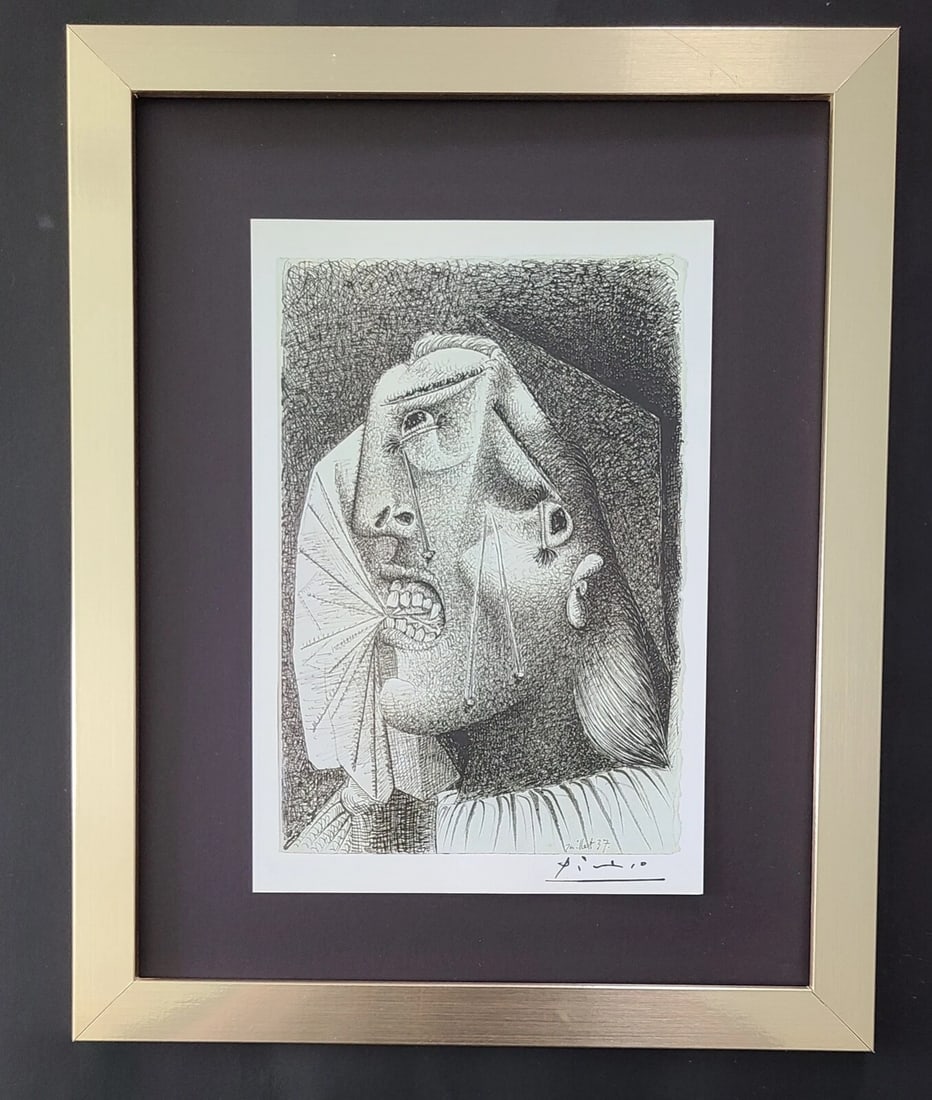 PABLO PICASSO + STUDY FOR GUERNICA + SIGNED + MOUNTED IN NEW FRAME + SPAIN 1972: This is a Beautiful and Scarce 1972 Print after PABLO PICASSO FACSIMILE SIGNED IN INK from GUERNICA "Estudio de Cabeza de Mujer Llorando" Mounted in an acid free blackboard and framed in New 14x11