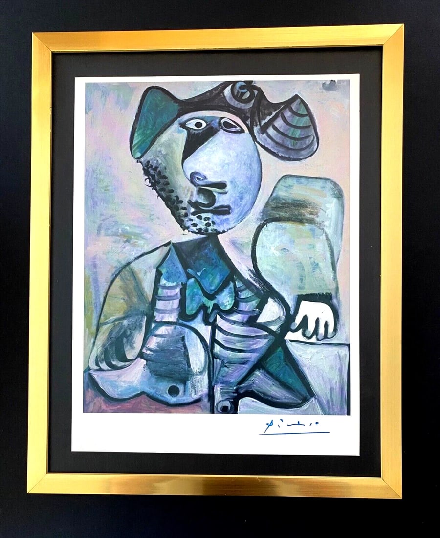 PABLO PICASSO + 1972 SIGNED VINTAGE MUSKETEER PRINT WITH NEW FRAME: This is a Beautiful and Scarce 1972 Print after PABLO PICASSO " MUSKETEER " with Facsimile Signature in ink from his Final Paintings Collection Mounted and Framed covering an area of 15x12 in. This is