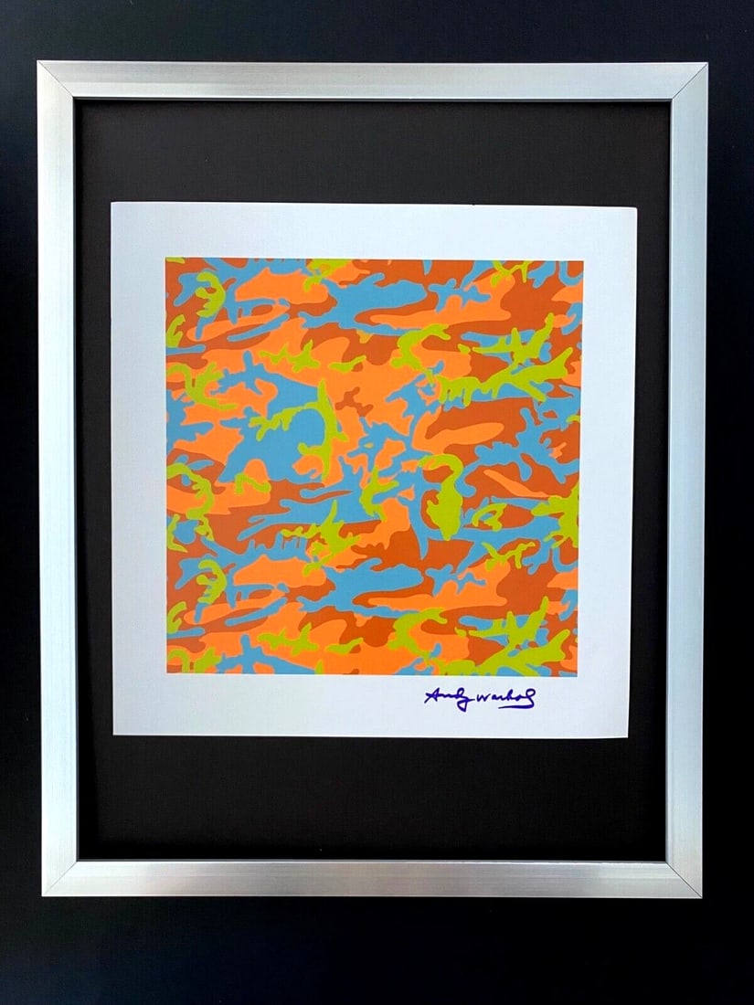 ANDY WARHOL + SIGNED 1980's CAMOUFLAGE PRINT MOUNTED & FRAMED: This is a Stunning and Scarce 1980's Print after Andy Warhol " CAMOUFLAGE " from - His Pop Art Collection- Facsimile Signed in Ink Mounted on a Brand New Frame covering an area of 15x12in. Printed in