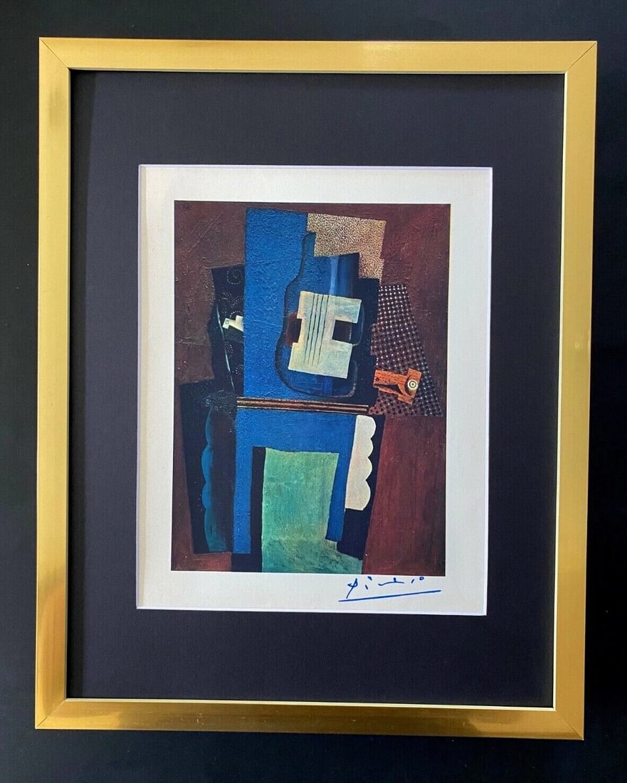 PABLO PICASSO 1948 BEAUTIFUL SIGNED PRINT MATTED 11 X 14: This is a Beautiful and Scarce 1948 Print After PABLO PICASSO " Guitare over Mantle " FACSIMILE SIGNED IN BLUE INK Professionally Double Matted to be Framed at Home on your Favorite 11 x 14 Printed