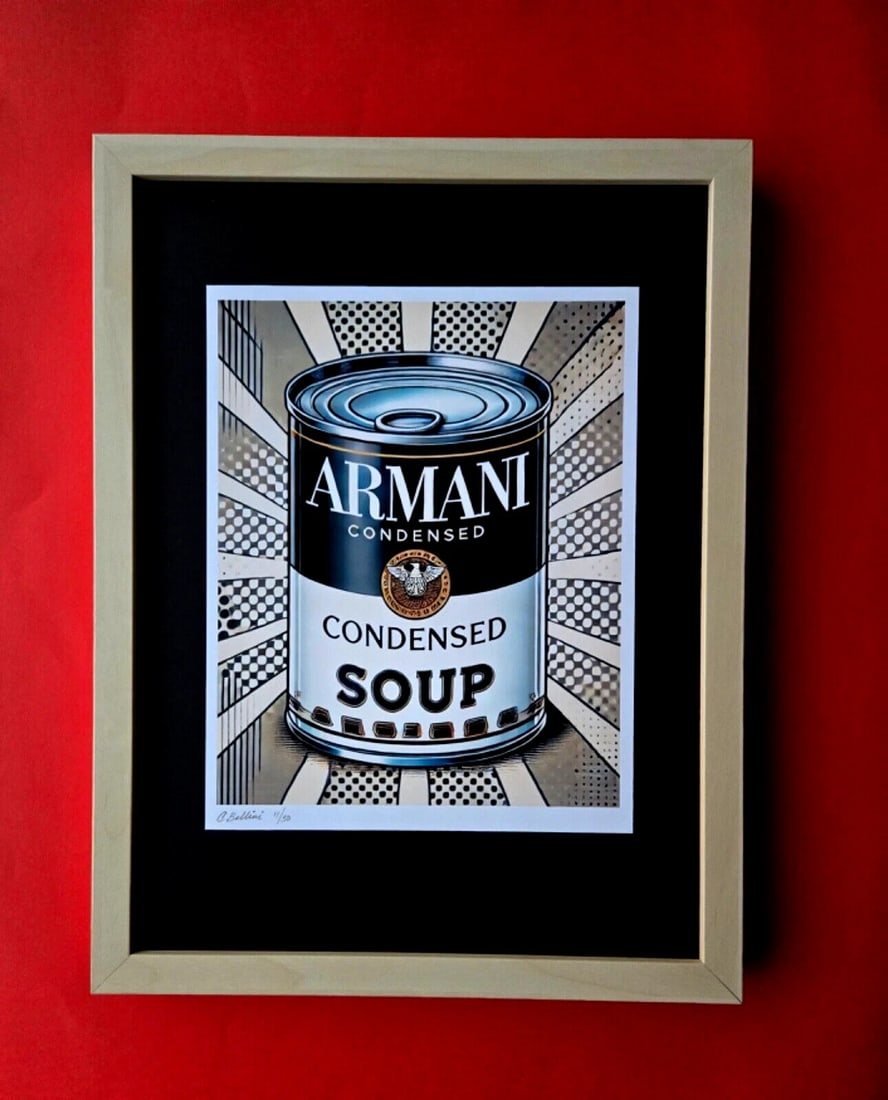 CHIARA BELLINI | ARMANI CONDENSED SOUP Hand Signed Authentic Print LtdEd COA: In her latest project, Chiara Bellini launched a collection of pop art-inspired soup cans titled Luxury Soup Cans. Inspired by pop art icons like Andy Warhol and his famous soup can series, Bellini