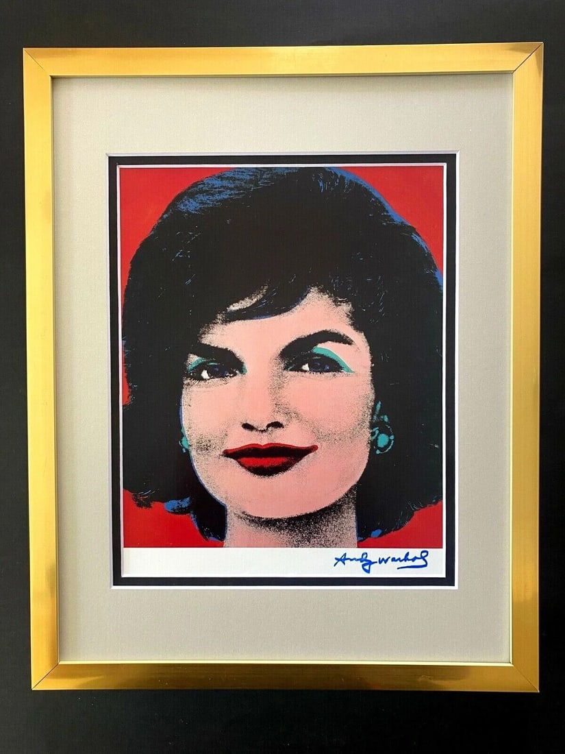 ANDY WARHOL + VINTAGE SIGNED JACKIE KENNEDY RETRO PRINT NEW FRAME POP ART: This is an Awesome and Scarce 1984 Print Andy Warhol FACSIMILE SIGNATURE IN BLUE INK " JACKIE KENNEDY " from - His Portraits Collection- Professionally Matted and Framed covering an area of 16x13in.