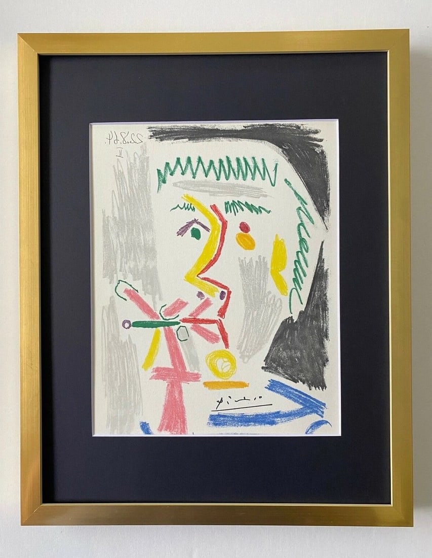 PABLO PICASSO + 1964 SIGNED SUPERB PRINT MATTED 11 X 14: This is a Beautiful and Scarce 1964 Print after PABLO PICASSO " Man Smoking " FACSIMILE INK SIGNED from His Engravings and Lithographs Collection Professionally Double Matted to be Framed at Home on