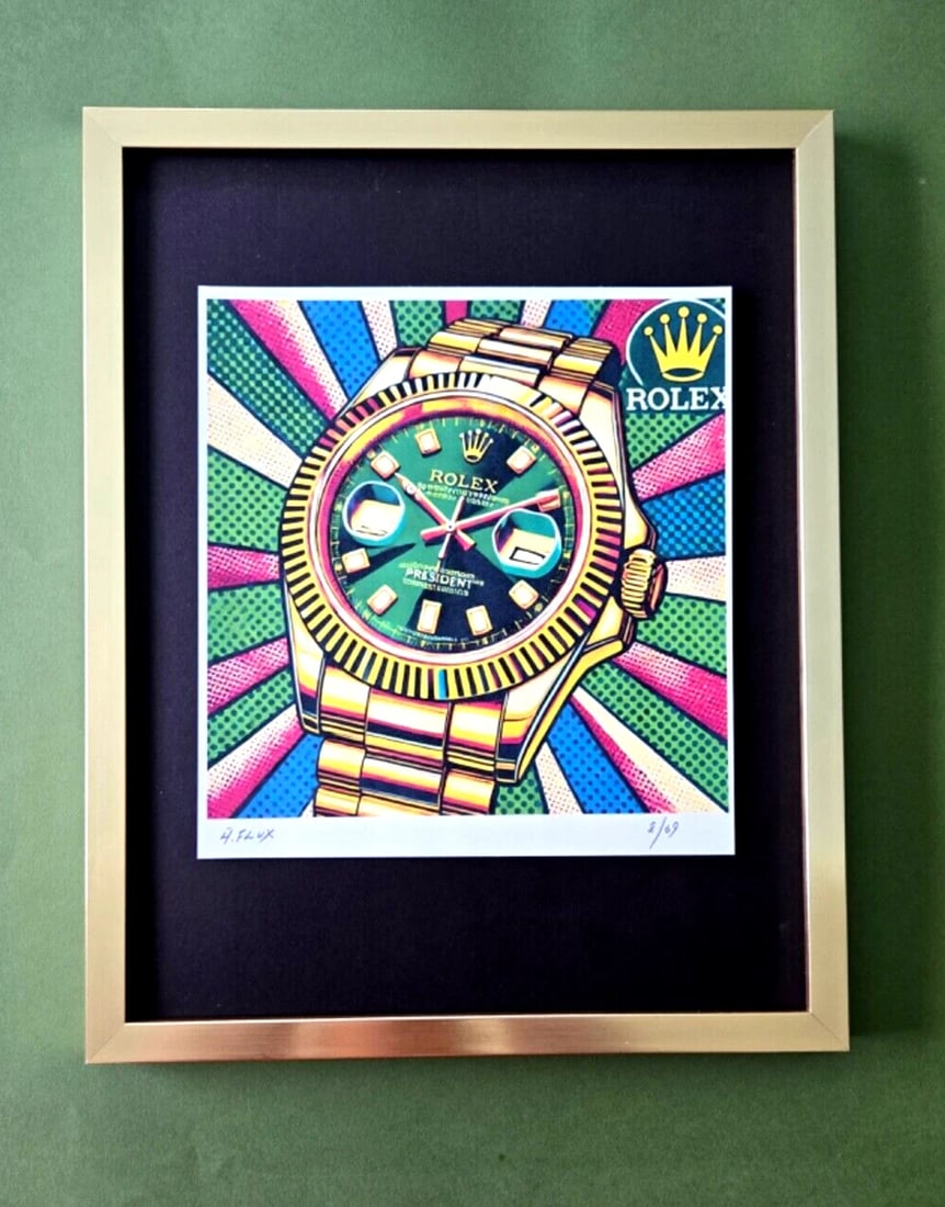 AIDAN FLUX | Hand Signed Original Print Framed LtdEdof69 COA | MY ROLEX FANTASY: This is a Stunning and Scarce 100% Authentic New Print by Aidan Flux AIDAN Flux represents a new wave of artists who embrace technology as a partner in creation, crafting works that resonate with the