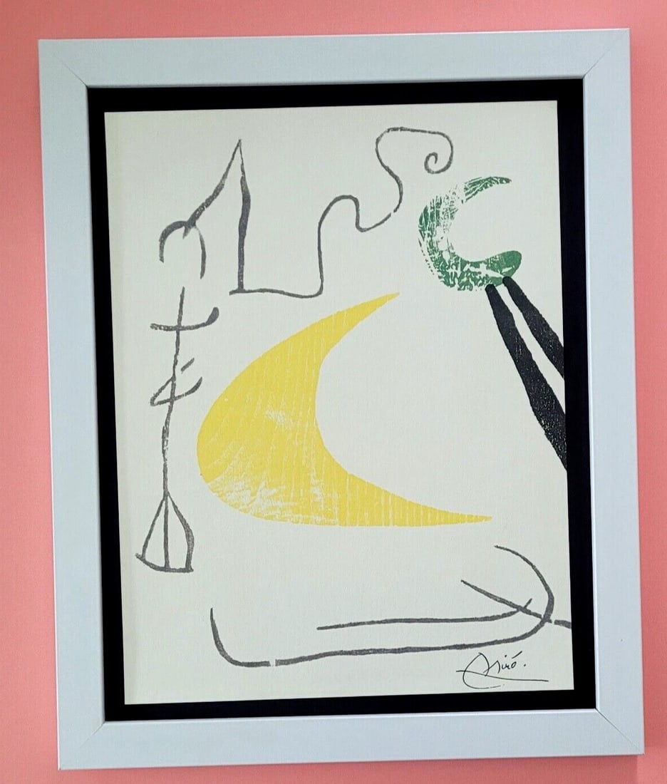 JOAN MIRO + 1971 BEAUTIFUL SIGNED PRINT MOUNTED AND FRAMED 11x14in: This is a Beautiful and Scarce 1971 Print JOAN MIRO FACSIMILE SIGNED IN INK from His Lithographs Collection Mounted in a blackboard and Framed in an 11x14 white frame. Printed in Beautiful Paper in