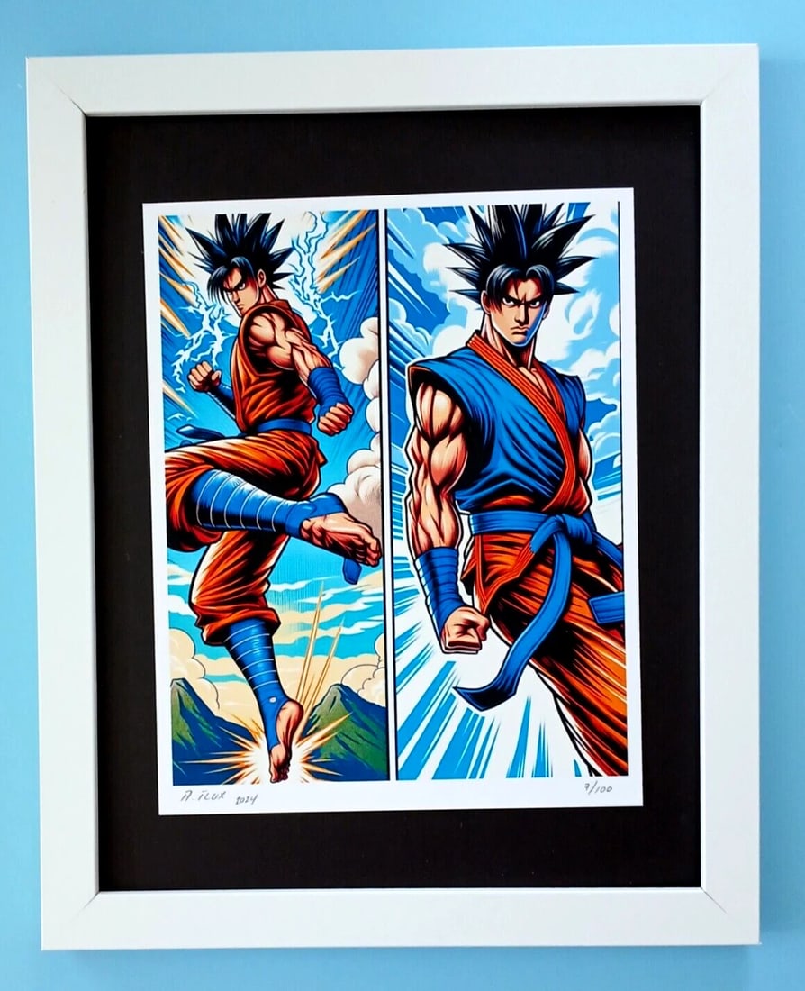 AIDAN FLUX | Hand Signed Original Print Framed | Ltd. Ed. COA Goku Dragon Ball: This is a Stunning and Scarce 100% Authentic New Print by Aidan Flux AIDAN Flux represents a new wave of artists who embrace technology as a partner in creation, crafting works that resonate with the