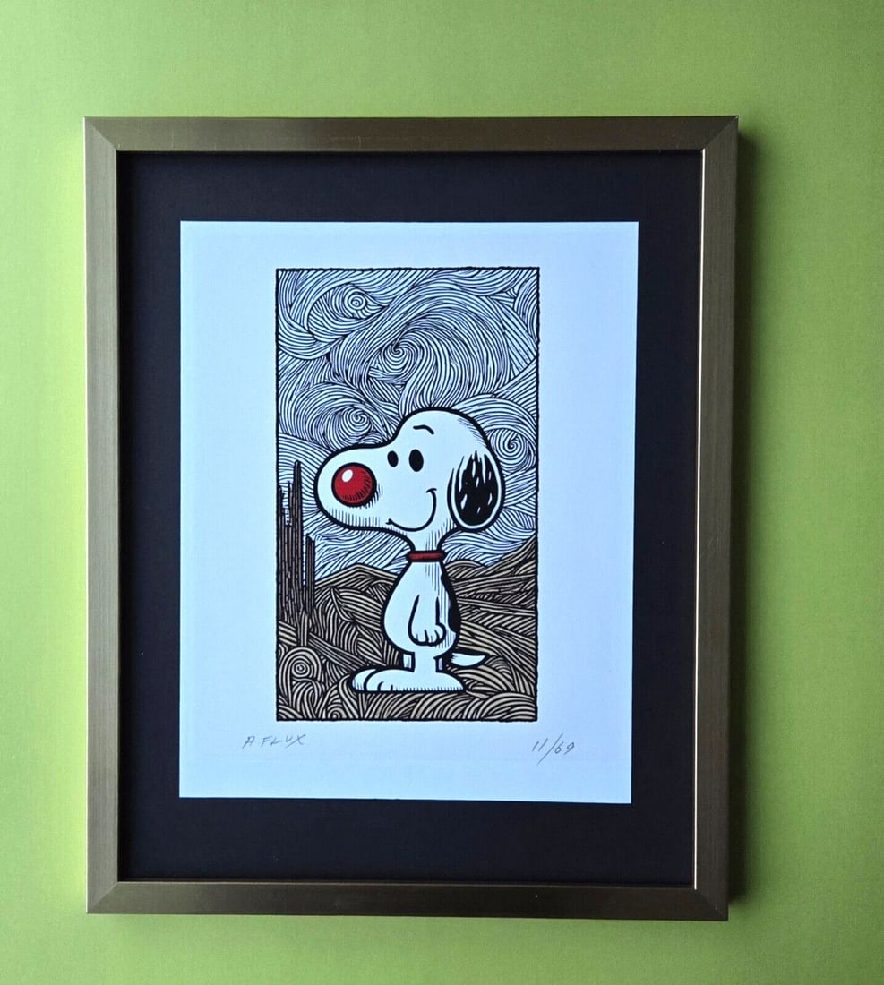 AIDAN FLUX | Hand Signed Original Print Framed | LtdEd of 69 COA | Snoopy: This is a Stunning and Scarce 100% Authentic New Print by Aidan Flux AIDAN Flux represents a new wave of artists who embrace technology as a partner in creation, crafting works that resonate with the