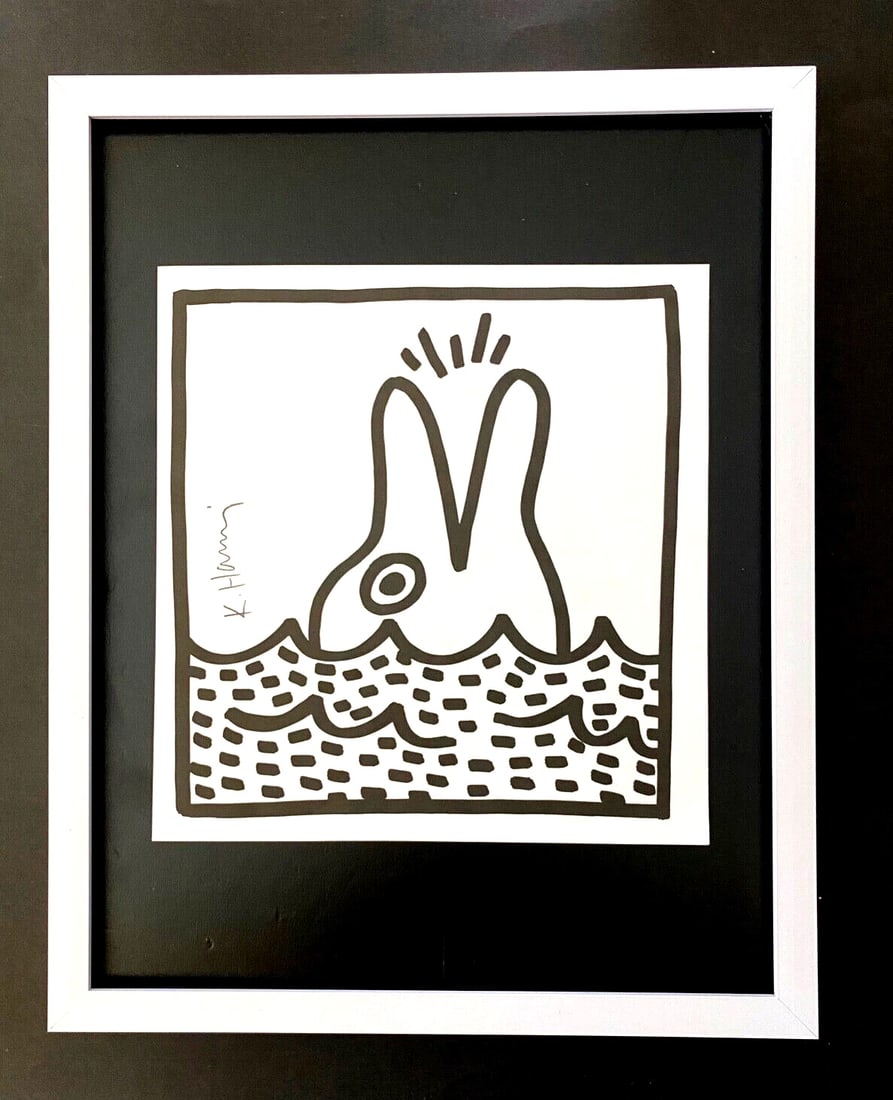 Keith Haring | Vintage Print Signed | Mounted & Framed in White: Up for Auction this Beautiful and Scarce Vintage 1989 Offset Lithograph after Keith Haring Stamp Signed Art Print is about 8 X 8 in. This piece is mounted on a 11 x 14 in. black acid free black board.