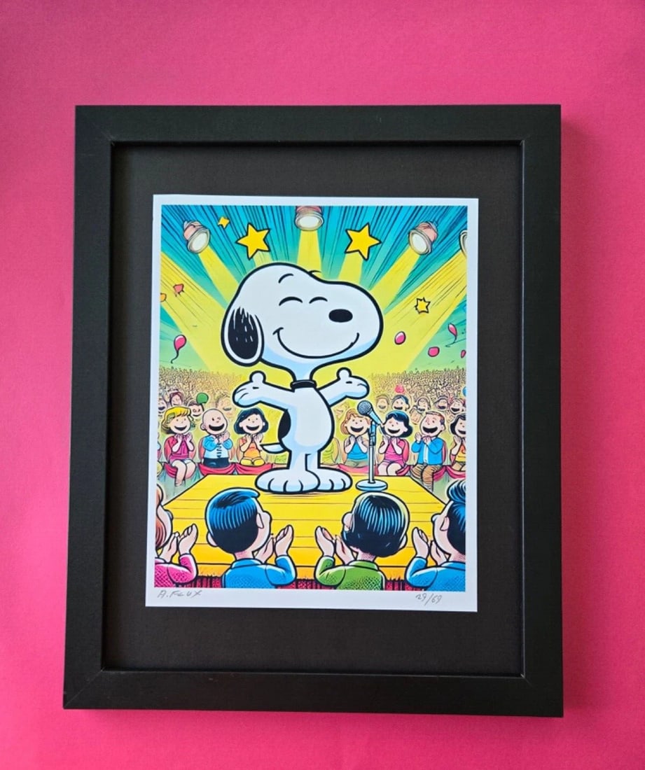 AIDAN FLUX Hand Signed Authentic LtdED Print Framed SNOOPY KEY NOTE SPEAKER COA: This is a one-of-a-kind Hand Signed Authentic Giclee by AIDAN FLUX. From his Famous Series " SNOOPY" The print is 10x8in., measuring framed 14 inches in height and 11 inches in width, it comes framed 