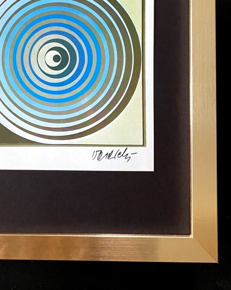 VICTOR VASARELY PRINT FROM 1970 + SIGNED GEOMETRIC ABSTRACT +NEW FRAME 14x11in. - 3