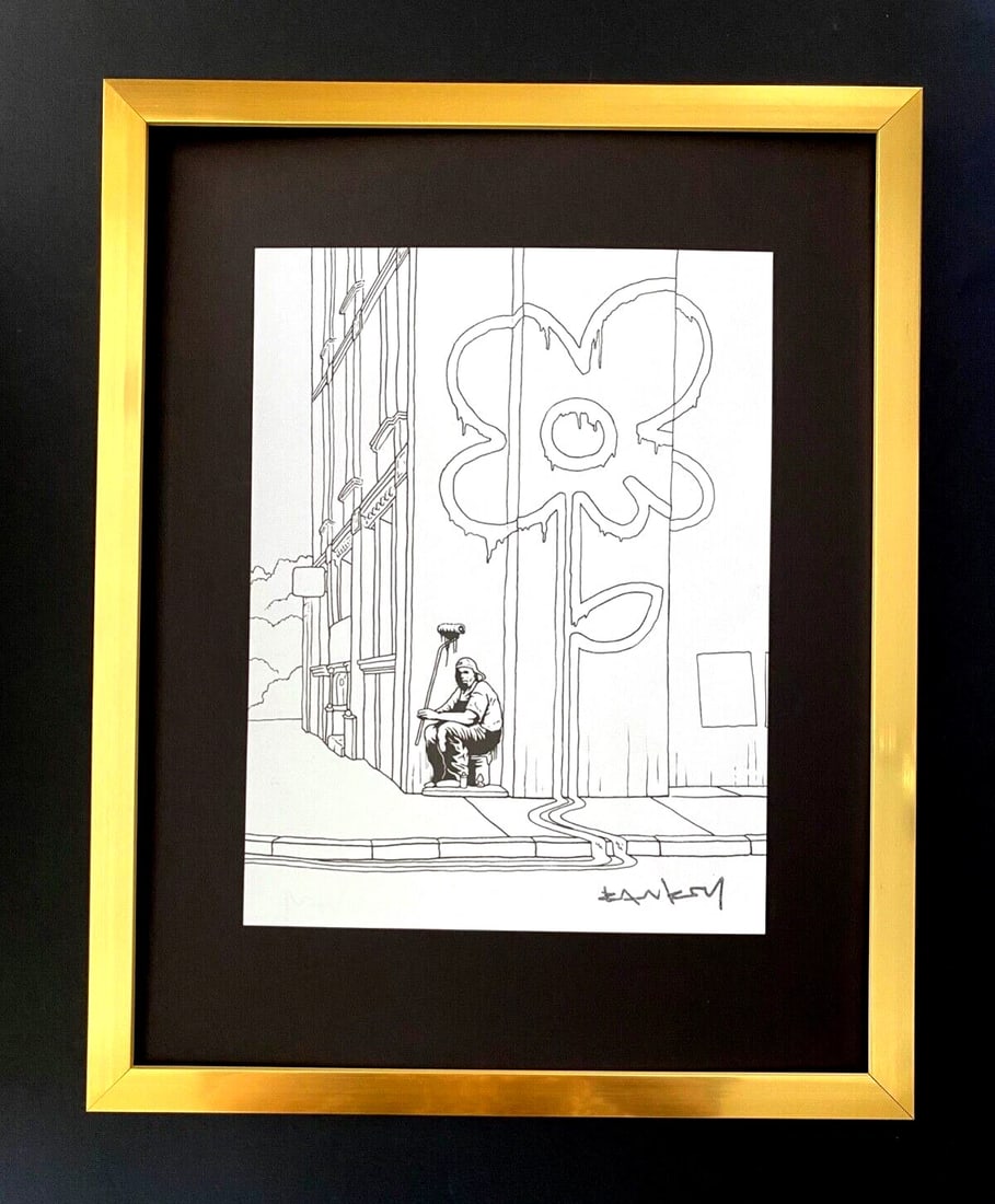 BANKSY + SIGNED " PAINTING A FLOWER " PRINT FRAMED: Beautiful and Scarce Print After BANKSY " PAINTING A FLOWER " Facsimile Signature in Ink Art Print is about 8 X 8 in. This piece is mounted on a 11 x 14 in. black acid free premium black board. Framed