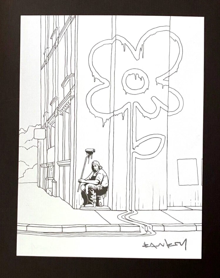 BANKSY + SIGNED " PAINTING A FLOWER " PRINT FRAMED - 2