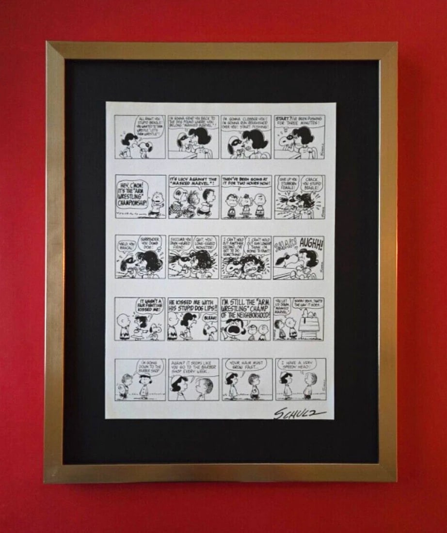 Charles Schulz + Signed Vintage 1968 Peanuts Snoopy Cartoon + New Golden Frame: Up for Sale this Beautiful Vintage 1968 Offset Lithograph after CHARLES M. SCHULTZ " Peanuts Cartoon " Facsimile Signed in ink Art Print is about 11.2 x 8.4in This art print is mounted on a 14 x 11 in