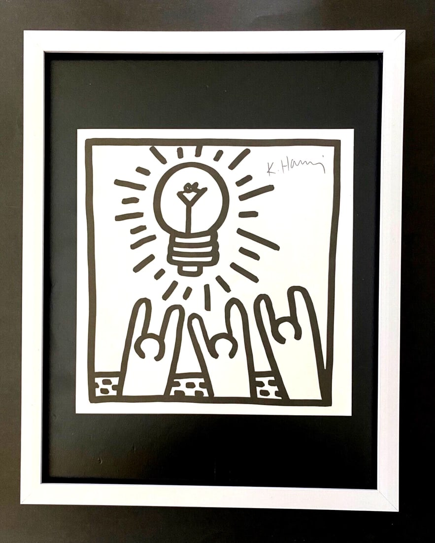 Keith Haring | Vintage Print Signed | Mounted & Framed: Up for Auction this Beautiful and Scarce Vintage 1989 Offset Lithograph after Keith Haring Stamp Signed Art Print is about 8 X 8 in. This piece is mounted on a 11 x 14 in. black acid free black board.