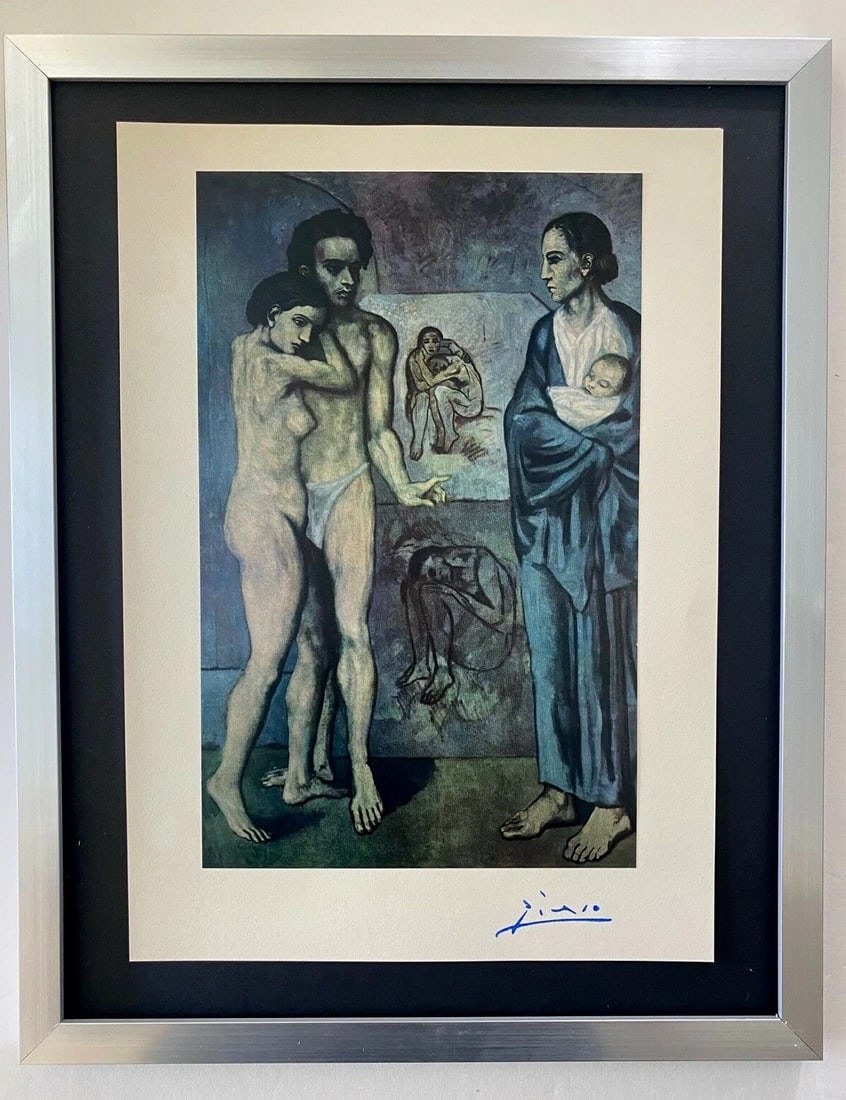 PABLO PICASSO+ ORIGINAL 1954 + SIGNED + HAND TIPPED COLORPLATE LA VIE: Beautiful and Scarce Original 1954 Hand Tipped Color Plate After PABLO PICASSO " LA VIE " FACSIMILE SIGNATURE IN BLUE INK Art Print is about 12 X 8 1/2 in. PABLO PICASSO 1954 COLOR PLATE HAND TIPPED O