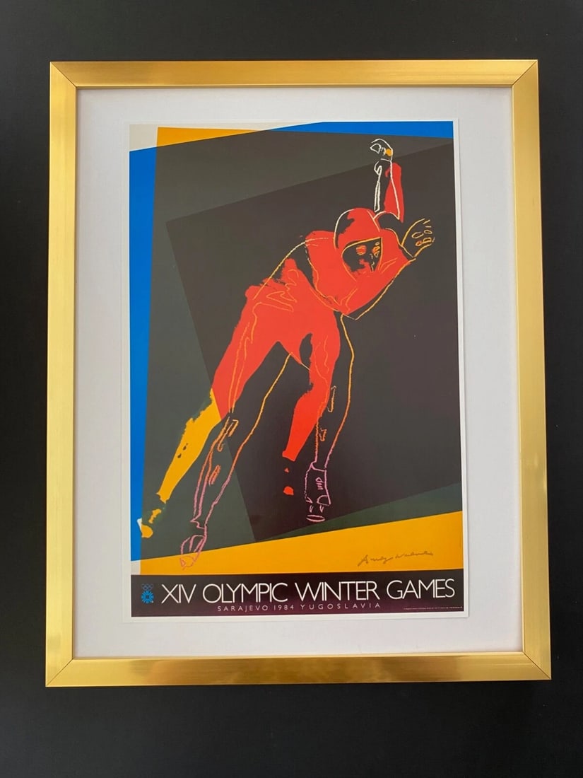 ANDY WARHOL | BEAUTIFUL SIGNED OLYMPICS 1980'S PRINT + NEW FRAME: ANDY WARHOL 1980'S VINTAGE PRINT SIGNED ON THE PLATE VERY GOOD CONDITION WITH EXPECTED HANDLING, CREASING AND TONING FOR A VINTAGE PRINT OF 1980'S MOUNTED ON AN ACID FREE BOARD AND FRAMED COVERING AN 