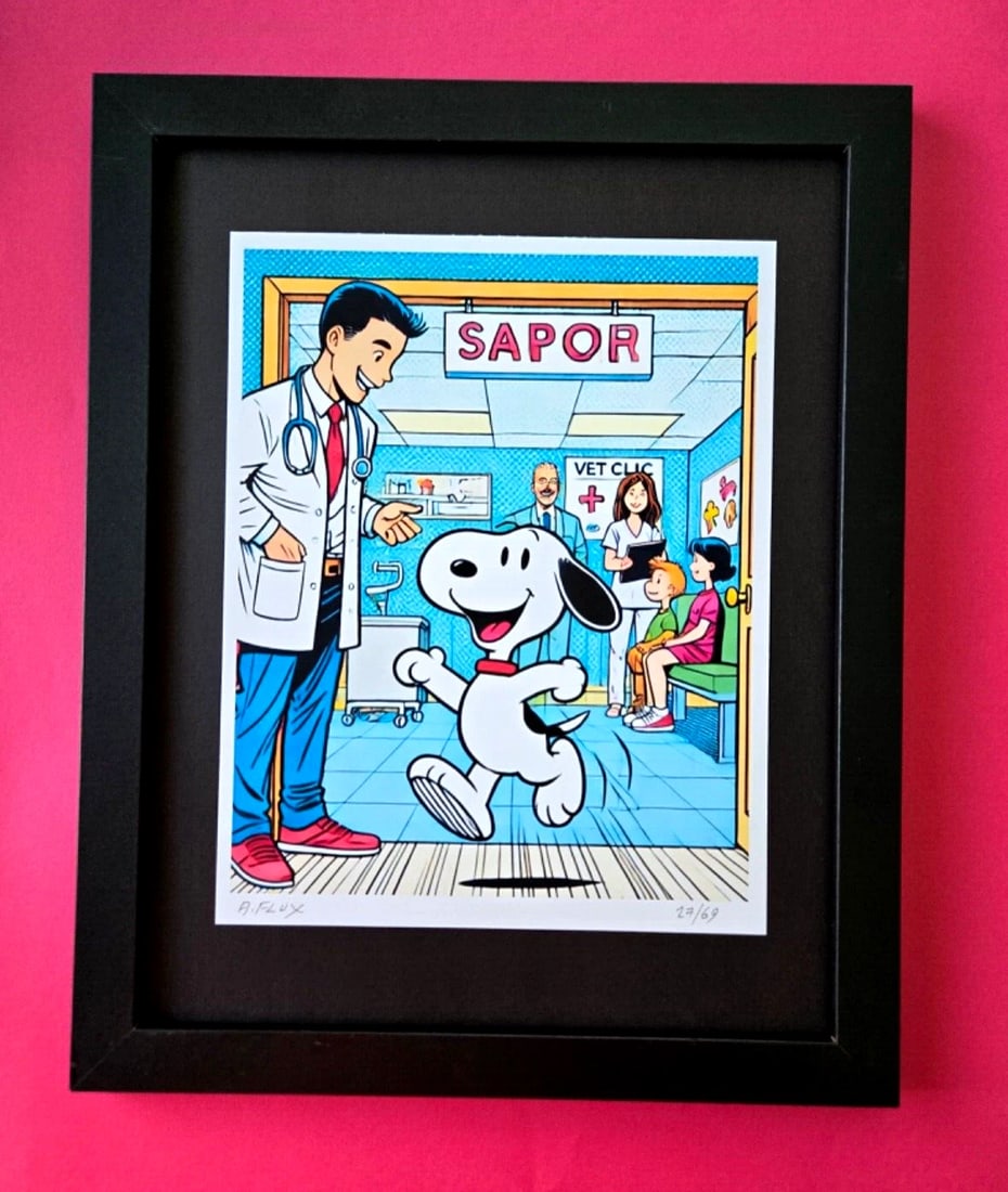 AIDAN FLUX Hand Signed Authentic LtdED Print Framed SNOOPY AT VET CLINIC COA: This is a one-of-a-kind Hand Signed Authentic Giclee by AIDAN FLUX. From his Famous Series " SNOOPY" The print is 10x8in., measuring framed 14 inches in height and 11 inches in width, it comes framed 