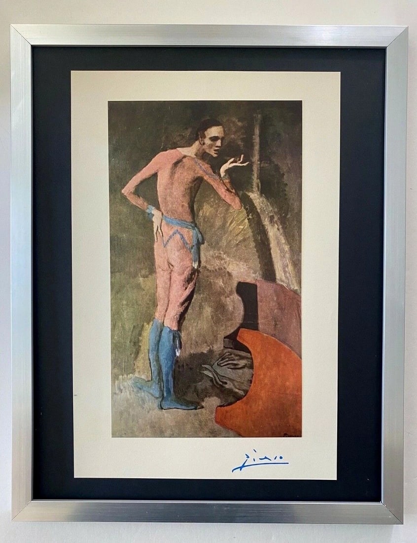 PABLO PICASSO+ ORIGINAL 1954 + SIGNED + HAND TIPPED COLOR PLATE THE ACTOR: Beautiful and Scarce Original 1954 Hand Tipped Color Plate After PABLO PICASSO "THE ACTOR" FACSIMILE SIGNATURE IN BLUE INK Art Print is 12 X 8 in. PABLO PICASSO 1954 COLOR PLATE HAND TIPPED OVER PAPER