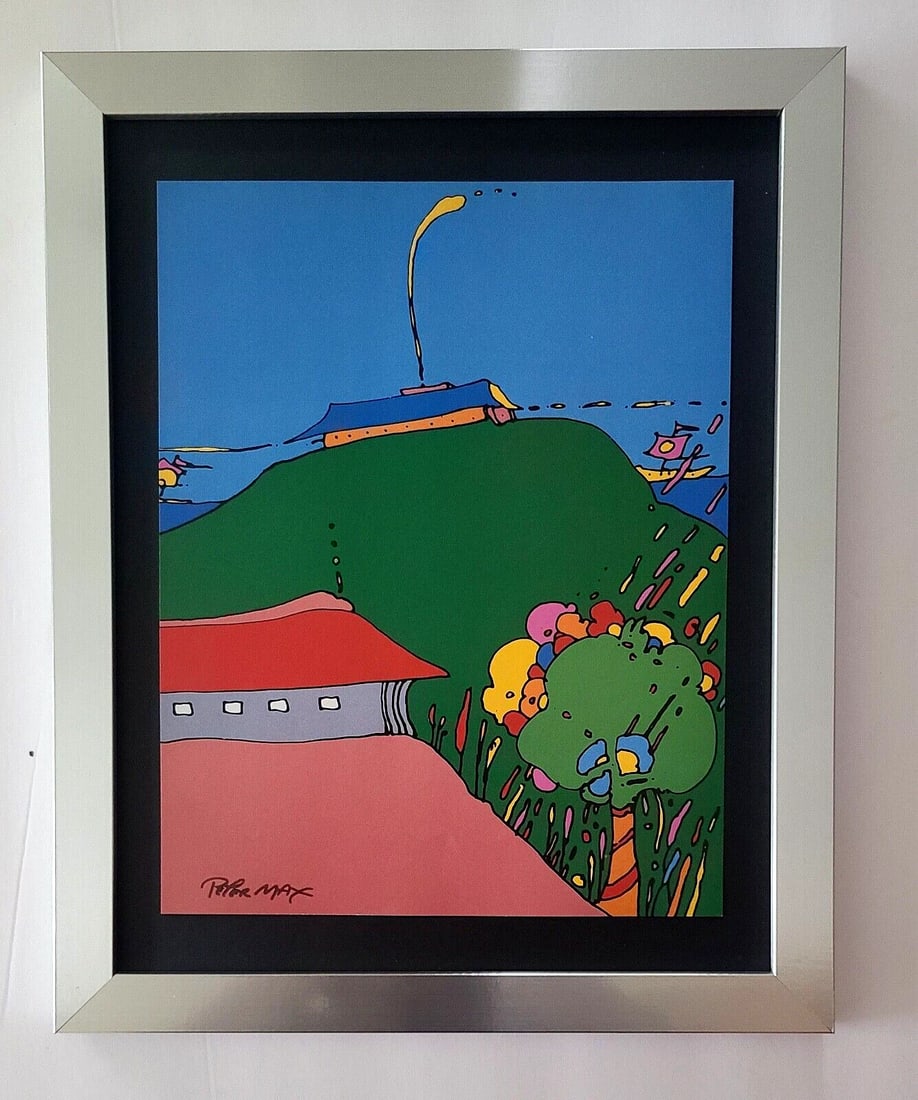 Peter Max | Vintage Print Signed | Mounted & Framed in New Silver: Up for Auction this Beautiful and Scarce Vintage 2001 Offset Lithograph after Peter Max Facsimile Signed Art Print is about 10 X 8 in. This piece is mounted on a 11 x 14 in. black acid free black boar
