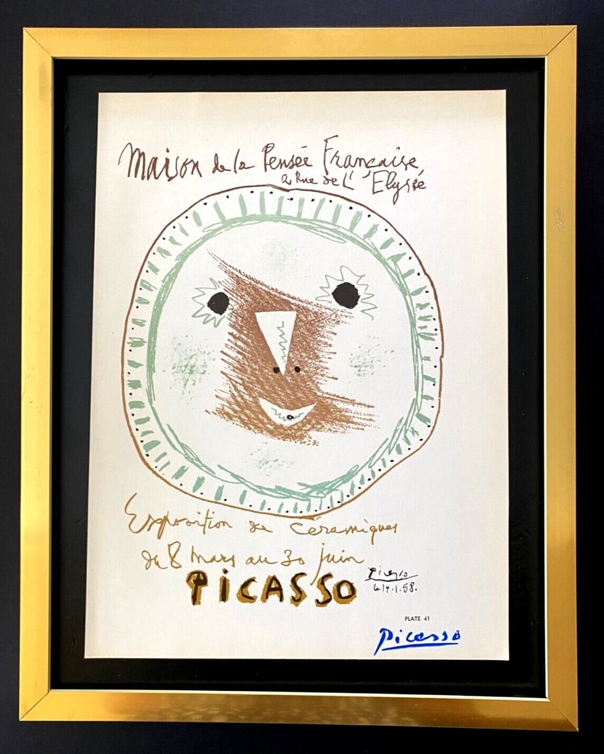 PABLO PICASSO | Vintage 1964 Signed Offset Lithograph | Ltd. Ed | Framed: Up for Auction this Beautiful and Scarce Vintage 1964 Offset Lithograph PABLO PICASSO "Ceramics Exposition" Facsimile Signed in Blue Ink Art Print is about 12 X 9 in. This piece is mounted on a 11 x 1