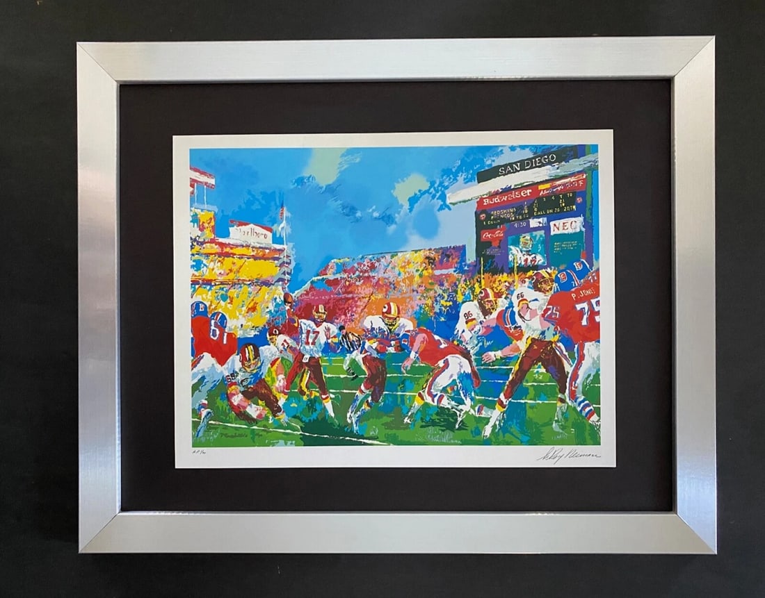 LeRoy Neiman "BRONCOS VS WASHINGTON" Signed Pop Framed New 11x14: Beautiful and Scarce Original 1991 Print After Leroy Neiman " DENVER BRONCOS VS WASHINGTON " Signed on the Plate This piece is mounted on a 11 x 14 in. black acid free premium black board. Framed cove