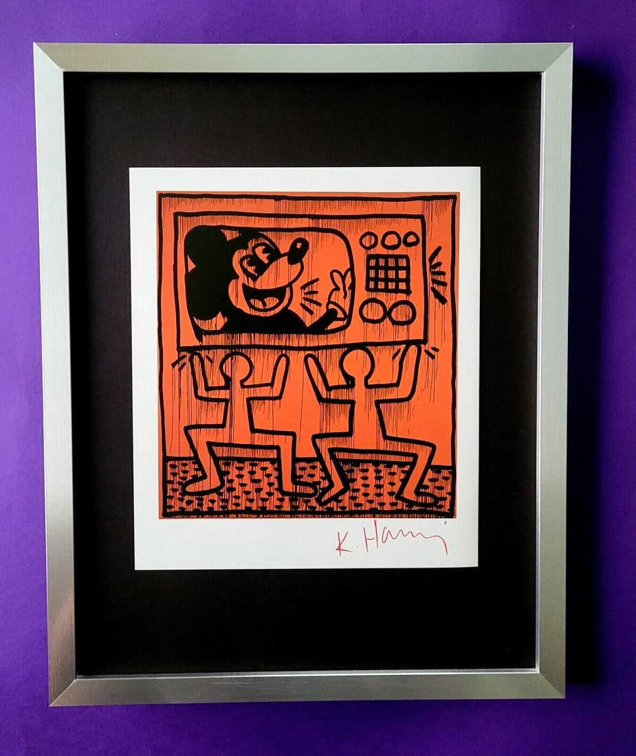 Keith Haring | Vintage Print Signed | Mounted & Framed in Silver: Up for Auction this Beautiful and Scarce Vintage 1989 Offset Lithograph after Keith Haring Facsimile Signed Art Print is about 8 X 8 in. This piece is mounted on a 11 x 14 in. black acid free black bo