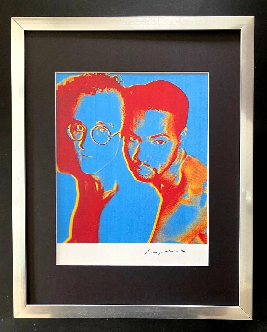 ANDY WARHOL KEITH HARING SIGNED VINTAGE PRINT MATTED AND FRAMED: ANDY WARHOL KEITH HARING 1980'S VINTAGE PRINT SIGNED IN INK MATTED AND FRAMED FRAME COVERS AN AREA OF 15X12IN. VERY GOOD CONDITION WITH EXPECTED HANDLING, CREASING AND TONING FOR A VINTAGE PRINT OF 19