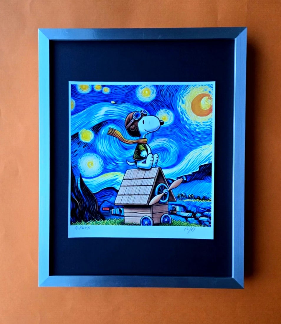 AIDAN FLUX | Hand Signed Authentic Print Framed SNOOPY IS THE PILOT COA: This is a one-of-a-kind Hand Signed Authentic Giclee by AIDAN FLUX. From his Series "American Icons" The print is 10x8in., measuring framed 16 inches in height and 12 inches in width, it comes framed 