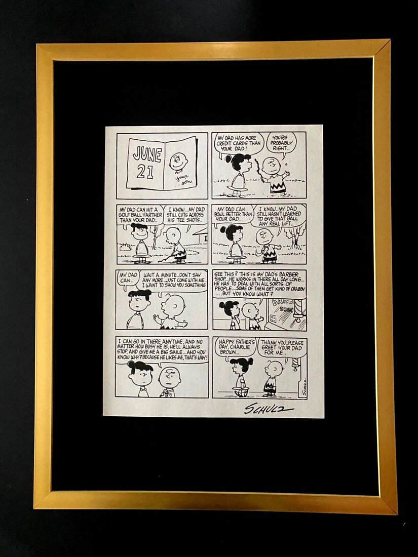 Charles Schulz + Signed Vintage 1968 Peanuts Cartoon New Gold Frame 16x12in: Up for Sale this Beautiful Vintage 1968 Offset Lithograph after CHARLES M. SCHULTZ " Peanuts Cartoon " Facsimile Signed in ink Art Print is about 11.2 x 8.4in This art print is mounted on a 16 x 12