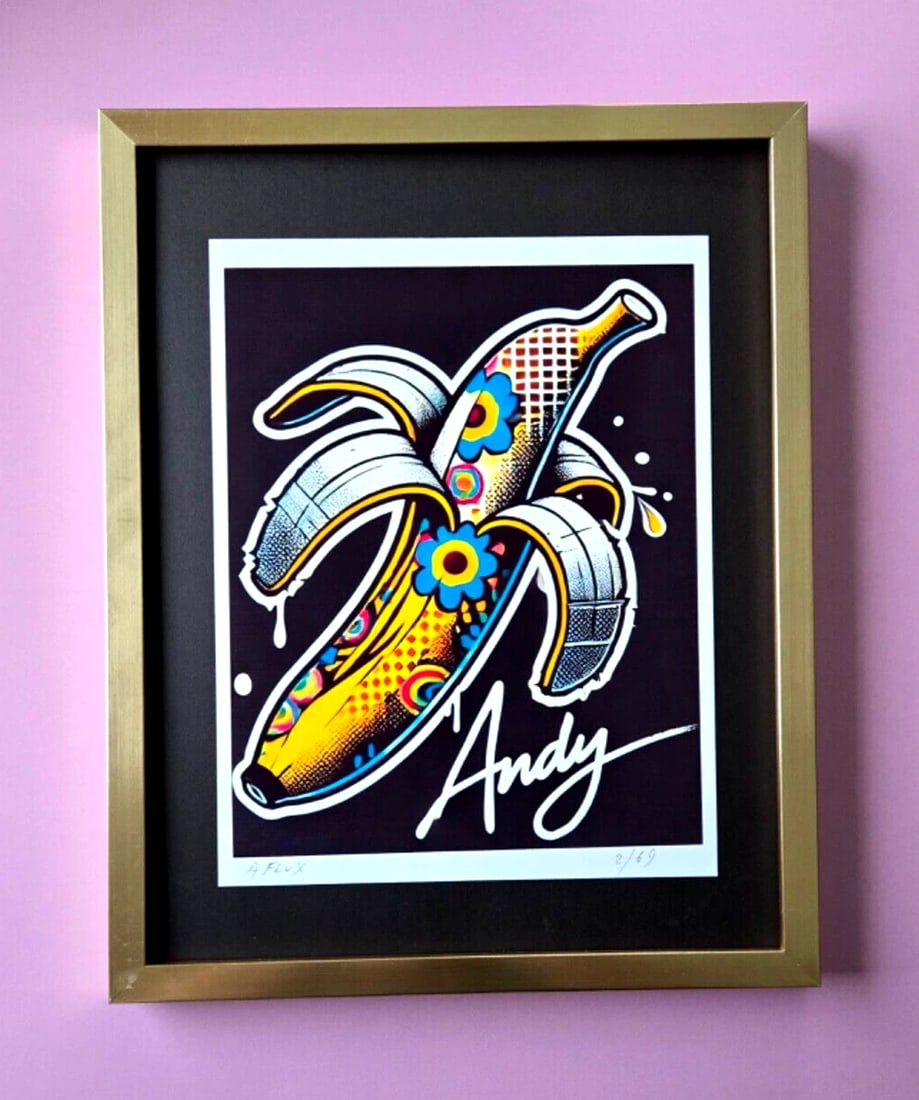 AIDAN FLUX | Hand Signed Original Print Framed LtdEd COA "ANDY WARHOL BANANA ": This is a Stunning and Scarce 100% Authentic New Print by Aidan Flux AIDAN Flux represents a new wave of artists who embrace technology as a partner in creation, crafting works that resonate with the