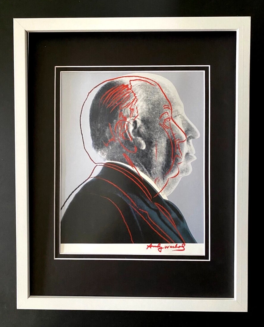 ANDY WARHOL + RARE 1984 SIGNED ALFRED HITCHCOCK PRINT MATTED AND FRAMED: This is a Stunning and Scarce 1984 Print after Andy Warhol FACSIMILE SIGNATURE IN RED INK " ALFRED HITCHCOCK " from - His Pop Art Collection- Matted and Framed covering an area of 15x12in. Printed in 