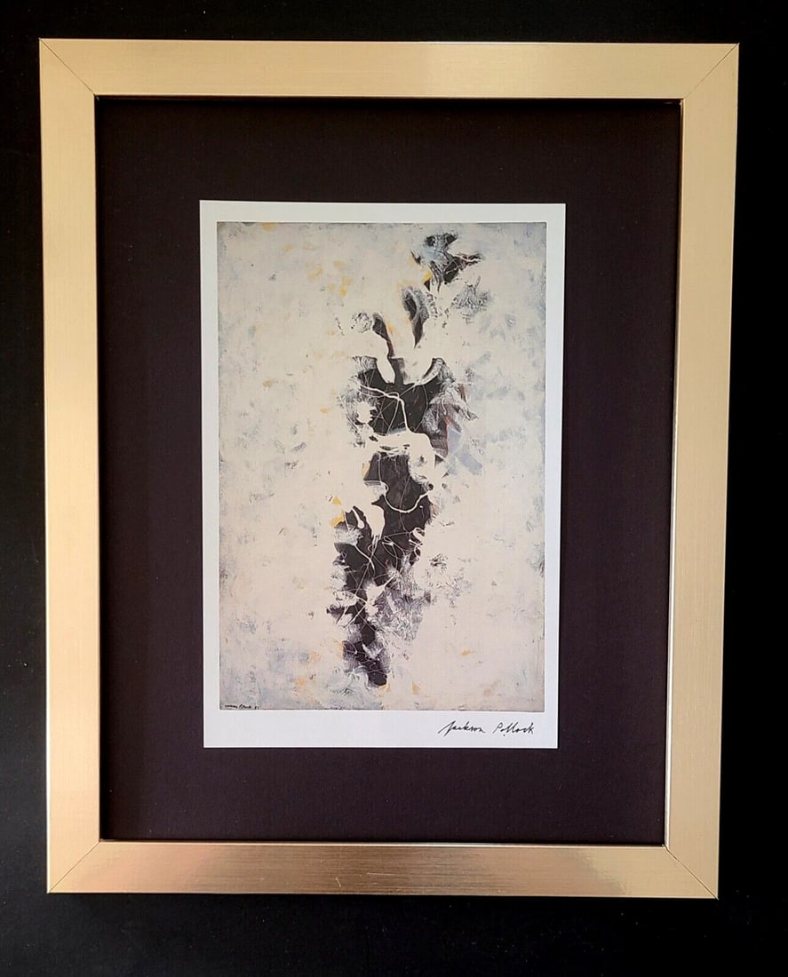 JACKSON POLLOCK + SIGNED VINTAGE PRINT WITH NEW FRAME: This is a Beautiful and Scarce Vintage Print after JACKSON OOLLOCK FACSIMILE SIGNED IN INK Print is about 10x8in. Mounted in an acid free black board and Framed covering an area of 15x12 in. Printed i