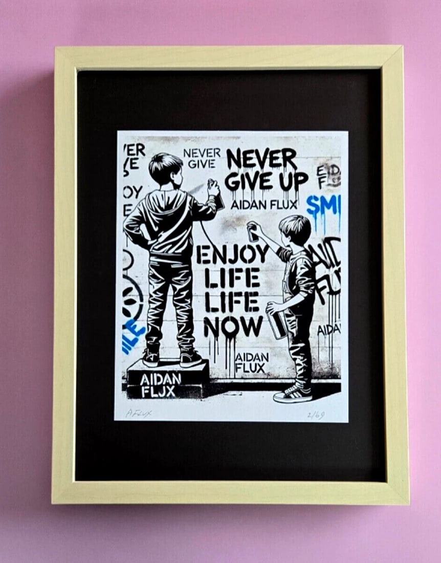 AIDAN FLUX | Hand Signed Original Print Ltd. Ed. COA Never Give Up Enjoy: This is a Stunning and Scarce 100% Authentic New Print by Aidan Flux AIDAN Flux represents a new wave of artists who embrace technology as a partner in creation, crafting works that resonate with the