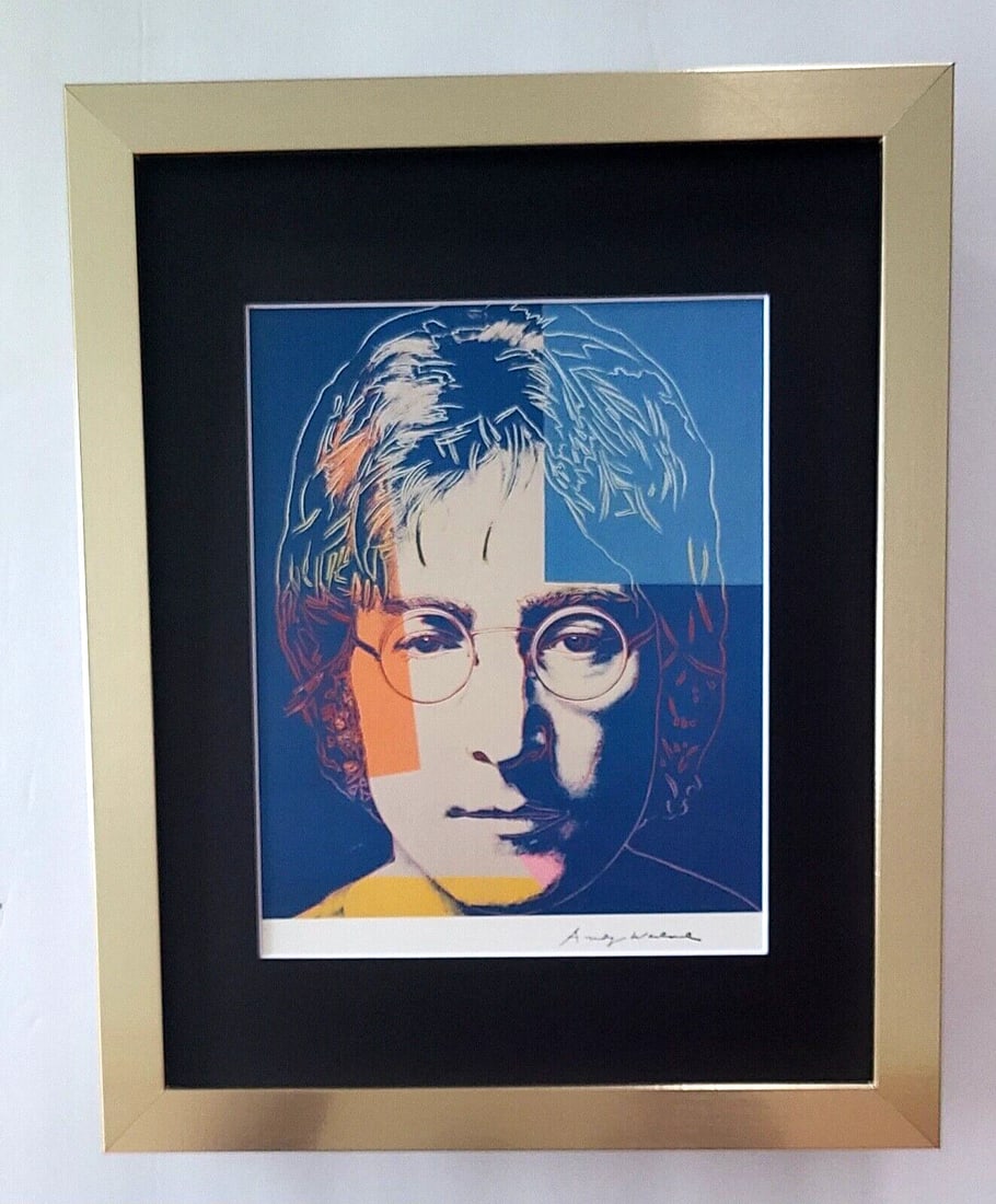 ANDY WARHOL + GORGEOUS 1980's SIGNED + JOHN LENNON + PRINT MATTED & FRAMED!: This is an Awesome and Scarce 1980's Print after Andy Warhol FACSIMILE SIGNATURE IN INK " JOHN LENNON " from - His Portraits Collection- Matted and Framed Golden Frame Covers an area of 15 x 12in. Pri
