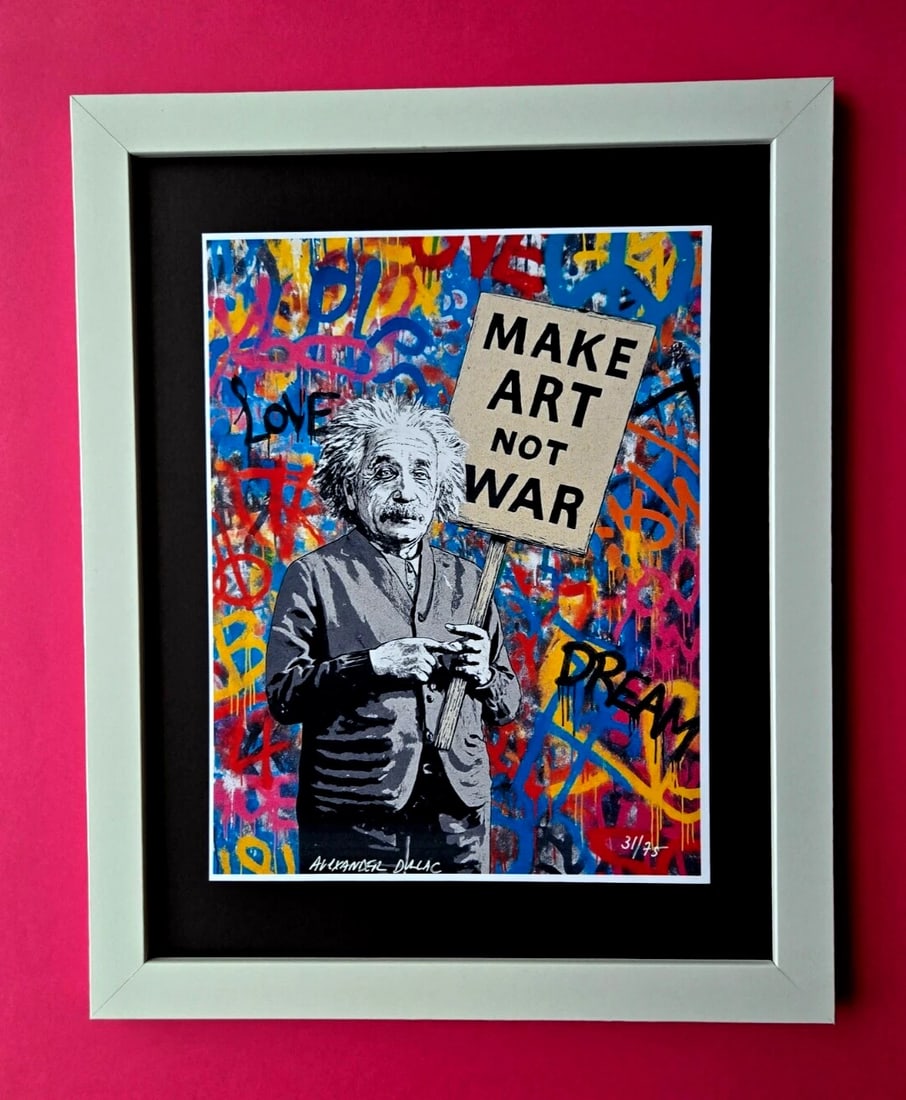 ALEXANDER DULAC | Hand Signed Print EINSTEIN LOVES ART NOT WAR Ltd.Ed. of 75 COA: Up for Sale is this Beautiful and Elegant Hand Signed Authentic Giclee by renowned contemporary artist ALEXANDER DU LAC " EINSTEIN LOVES ART, NOT WAR " The print is mounted and framed. The area