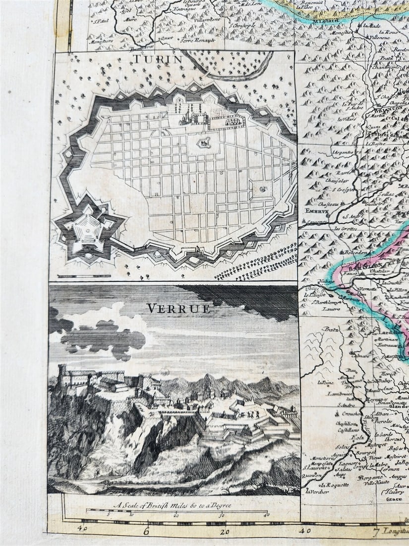 1721 MAP of FRANCE - SAVOY & PIEDMONT ANTIQUE w/ plan of Turin & view of Verrua - 3
