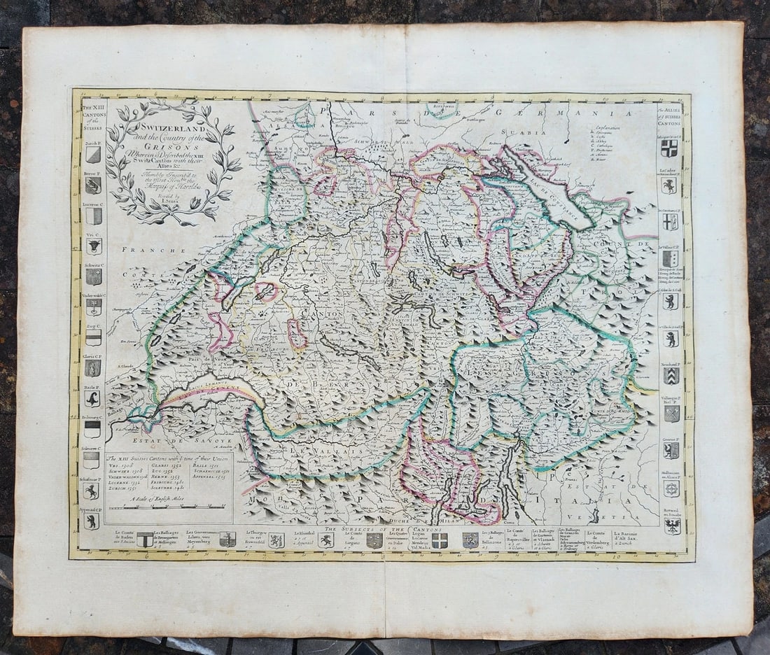1720 MAP of SWITZERLAND & country of GRISONS w/CRESTS of CANTONS antique ENGLISH (1 of 10)