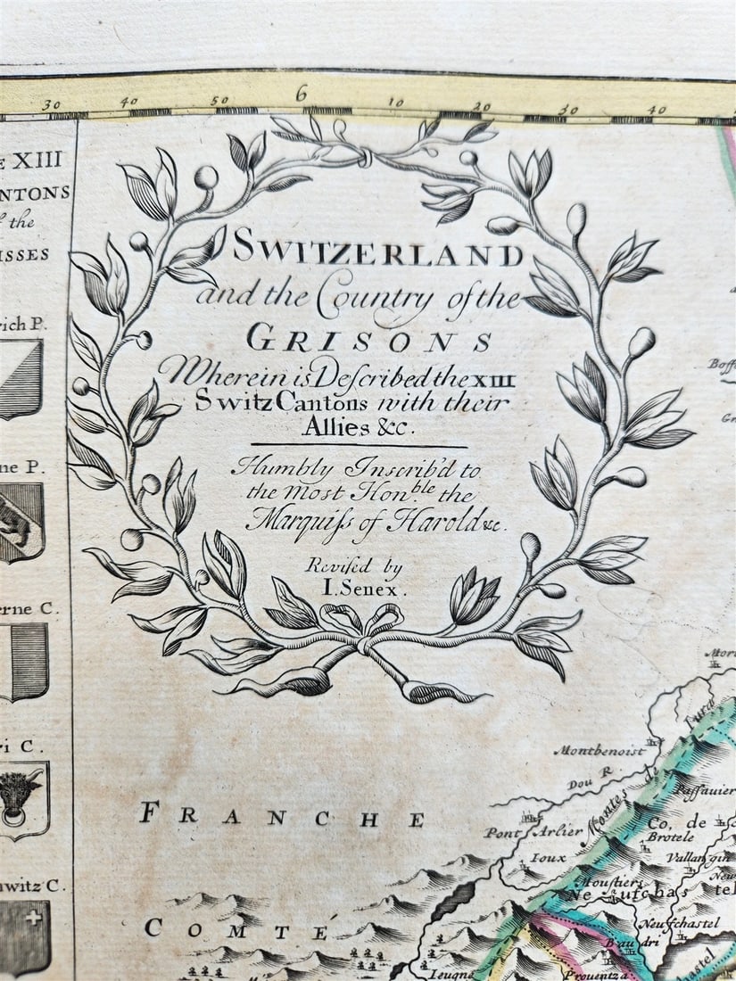 1720 MAP of SWITZERLAND & country of GRISONS w/CRESTS of CANTONS antique ENGLISH - 2