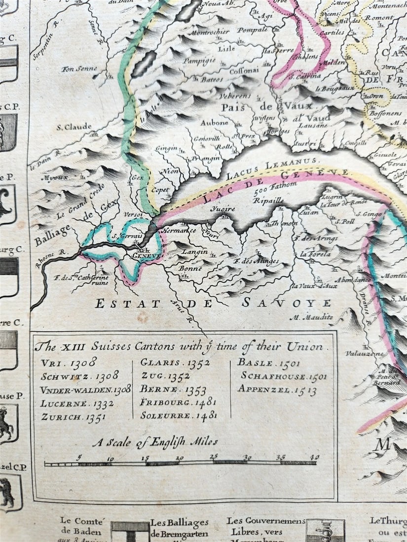 1720 MAP of SWITZERLAND & country of GRISONS w/CRESTS of CANTONS antique ENGLISH - 3