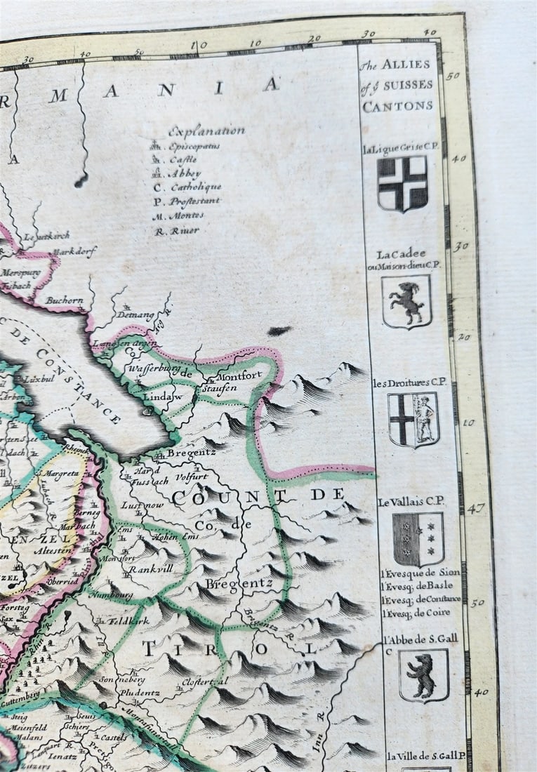 1720 MAP of SWITZERLAND & country of GRISONS w/CRESTS of CANTONS antique ENGLISH - 4
