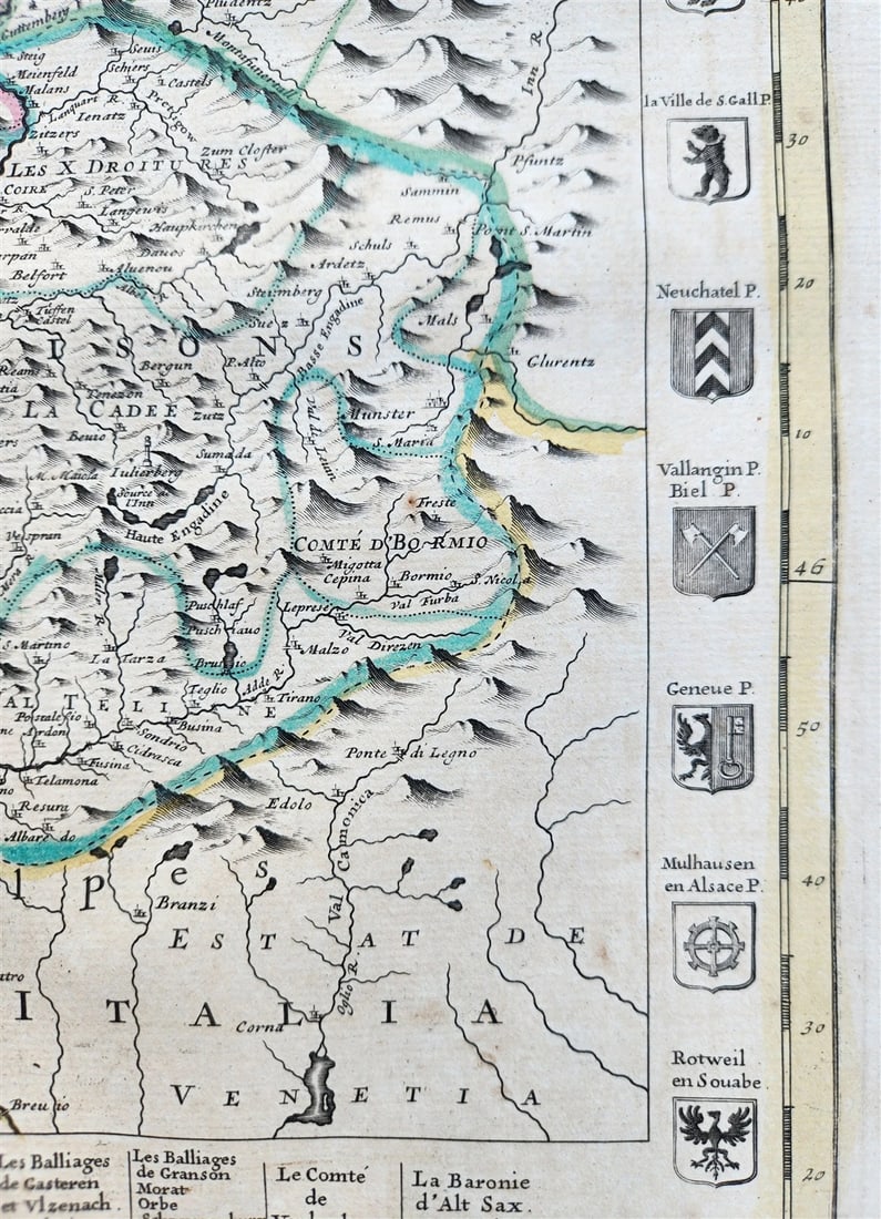 1720 MAP of SWITZERLAND & country of GRISONS w/CRESTS of CANTONS antique ENGLISH - 5
