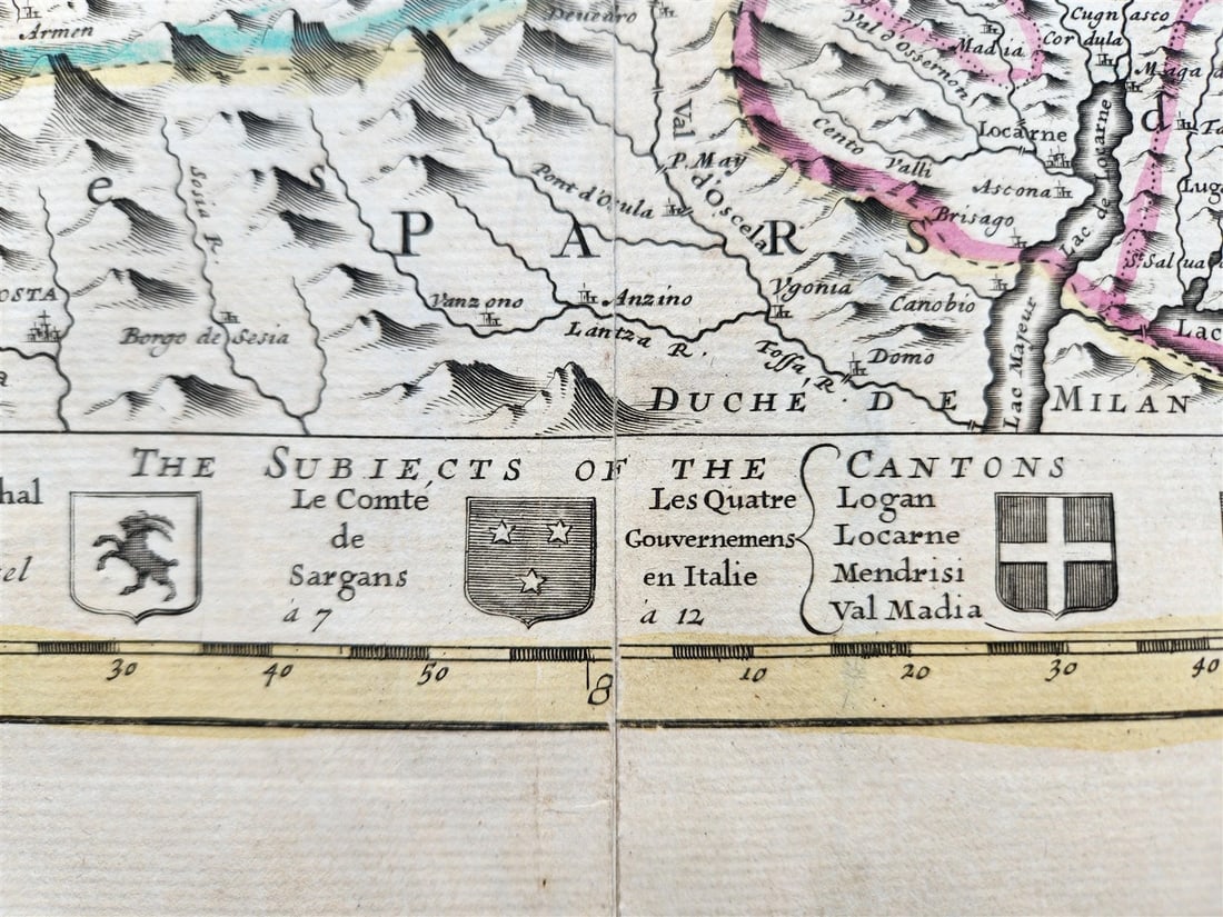 1720 MAP of SWITZERLAND & country of GRISONS w/CRESTS of CANTONS antique ENGLISH - 6