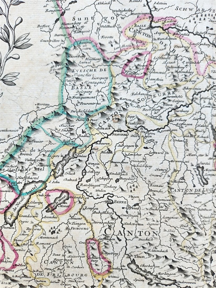 1720 MAP of SWITZERLAND & country of GRISONS w/CRESTS of CANTONS antique ENGLISH - 7